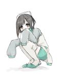  1girl bob_cut headphones looking_at_viewer n03+ no3+ oversized_clothes short_hair shorts simple_background sleeves_past_wrists squatting thigh-highs vocaloid white_background white_legwear yellow_eyes yumemi_nemu 