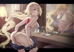  1girl :o adjusting_clothes ass backless_outfit bangs bare_back bare_shoulders bent_over black_panties blonde_hair blue_eyes blue_neckwear brat breasts command_spell cowboy_shot cup dressing drinking_glass fate/apocrypha fate_(series) indoors looking_at_viewer medium_breasts mirror necktie panties reflection ruler_(fate/apocrypha) short_shorts shorts solo underwear wine_glass 
