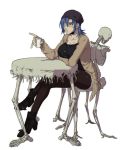  +_+ 1girl ankle_boots beanie blue_hair boots breast_rest breasts cardigan casual chair cup eyepatch ganno hat highres human_furniture large_breasts legs_crossed miniskirt one-eyed pantyhose pinky_out red_eyes scar short_hair sitting skeleton skirt skullgirls solo table valentine_(skullgirls) 