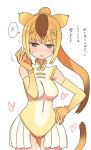  &gt;:o 1girl :o bangs bare_shoulders blonde_hair blush breasts collared_dress commentary_request covered_navel cowboy_shot elbow_gloves eyebrows_visible_through_hair gloves gluteal_fold golden_snub-nosed_monkey_(kemono_friends) grey_eyes hair_ornament hand_on_hip hand_up heart impossible_clothes impossible_leotard kemono_friends leotard long_hair looking_at_viewer medium_breasts monkey_ears monkey_tail multicolored_hair open_clothes open_skirt orange_gloves parted_lips pleated_skirt ponytail simple_background skirt solo spoken_x standing streaked_hair sumiyao_(amam) sweat tail translation_request white_background 