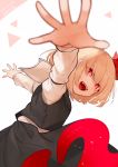  1girl artist_name bangs black_skirt blurry breasts dated depth_of_field fangs foreshortening gotoh510 highres long_sleeves looking_at_viewer open_mouth outstretched_arms red_eyes rumia sharp_teeth signature skirt skirt_set smile solo star teeth tongue touhou vest 