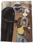  1boy 1girl backpack bag black_cape black_eyes black_gloves black_hair black_jacket black_pants blue_eyes blue_pants brown_gloves cape chains evil_smile eyebrows_visible_through_hair gloves grey_jacket hat height_difference highres holding holding_hat jacket jiruo_(made_in_abyss) jitome leaning_forward long_sleeves made_in_abyss mi_(pic52pic) multicolored_hair ozen pants parted_lips short_hair silver_hair smile sweatdrop two-tone_hair whistle 