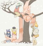  4girls :d alternate_costume animal_ears backpack bag blonde_hair bucket_hat commentary common_raccoon_(kemono_friends) fang fennec_(kemono_friends) fox_ears fur_trim green_hair grey_hair hat hat_feather highres in_tree kaban_(kemono_friends) kasa_list kemono_friends kneeling knitting knitting_needle multicolored_hair multiple_girls needle open_mouth oversized_object pants raccoon_ears scarf serval_(kemono_friends) serval_ears serval_tail short_hair sitting sitting_in_tree skirt smile tail tiptoes tree v-shaped_eyebrows winter_clothes yarn_ball 