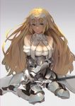  1girl absurdres armor bangs bare_shoulders blonde_hair blue_eyes breasts chains cleavage closed_mouth fate/apocrypha fate_(series) faulds gauntlets gradient gradient_background greaves grey_background headpiece highres large_breasts lips long_hair looking_at_viewer ruler_(fate/apocrypha) sheath sheathed sidelocks sitting smile solo sword toriumi_harumi very_long_hair wariza weapon 