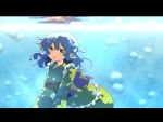  1girl blue_eyes blue_hair bubble cato_(monocatienus) commentary_request dappled_sunlight green_kimono head_fins japanese_clothes kimono letterboxed mermaid monster_girl obi open_mouth sash solo sunlight touhou underwater wakasagihime 