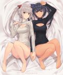  2girls alternate_costume bangs barefoot black_hair black_sweater blue_eyes blush bottomless breasts brown_eyes center_opening character_name cleavage_cutout closed_mouth covered_navel dark_skin ears_visible_through_hair erect_nipples eyebrows_visible_through_hair frame_arms_girl full_body grey_hair grin hair_between_eyes hair_ornament highres innocentia long_hair looking_at_viewer lying medium_breasts meme_attire multiple_girls on_back open-chest_sweater shiny shiny_skin sigm@ smile sweater twintails white_sweater 