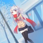  1girl :&lt; alternate_costume animal_ears arms_behind_back azur_lane bag black_legwear braid cardigan chi_yei long_hair looking_at_viewer red_eyes scarf school_bag school_uniform serafuku silver_hair single_braid solo tree winter wolf_ears yuudachi_(azur_lane) 