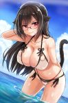  1girl 3: ahoge animal_ears bangs black_hair blue_sky breasts cat_ears cat_girl cat_tail cleavage closed_mouth clouds cloudy_sky day dutch_angle eyebrows_visible_through_hair hair_between_eyes highres large_breasts long_hair looking_at_viewer original outdoors red_eyes sidelocks sky solo tail tsurime unname very_long_hair wading 