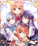  4girls :d :o ;) ;q bangs blue_eyes blush brown_hair closed_mouth commentary_request eyebrows_visible_through_hair gochuumon_wa_usagi_desu_ka? hair_between_eyes hair_ornament hairclip hoto_cocoa hoto_mocha kafuu_chino light_blue_hair long_hair looking_at_viewer multiple_girls one_eye_closed open_mouth orange_hair petals ponika purple_hair rabbit_house_uniform short_hair siblings simple_background sisters smile string_of_flags tedeza_rize tongue tongue_out v violet_eyes white_background x_hair_ornament 