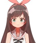  1girl :&gt; a.i._channel bangs bare_shoulders blue_eyes blush bow brown_hair close-up closed_mouth eyebrows_visible_through_hair face hair_bow hairband kizuna_ai long_hair looking_at_viewer pink_bow pink_hairband ribbon sailor_collar shirt simple_background sleeveless sleeveless_shirt smile solo sumiyao_(amam) white_background white_shirt 