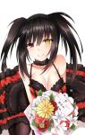  1girl bare_shoulders black_hair blush bouquet breasts choker cleavage date_a_live feng_mouren flower gothic_lolita hair_between_eyes heterochromia highres large_breasts lolita_fashion red_eyes short_twintails sitting smile solo tokisaki_kurumi translation_request twintails white_background yellow_eyes yokozuwari 