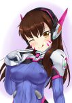  1girl ;p bangs blush bodysuit breasts brown_eyes brown_hair closed_mouth d.va_(overwatch) erusen_(des-arms) eyebrows_visible_through_hair facepaint facial_mark hair_between_eyes hair_over_shoulder hand_on_own_face headphones highres long_hair looking_at_viewer medium_breasts one_eye_closed overwatch pilot_suit shoulder_pads simple_background skin_tight smile solo standing tongue tongue_out upper_body whisker_markings winking 