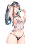  10s 1girl arm_up armpits bangs black_panties blush breasts cleavage cowboy_shot food hair_between_eyes hand_up highres holding holding_food kantai_collection large_breasts long_hair looking_at_viewer navel panties ponytail popsicle sidelocks simple_background solo tank_top thighs towel towel_on_head tsurime underwear very_long_hair wet white_background yahagi_(kantai_collection) yukishiro_arute 