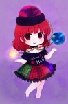  1girl :d barefoot blush breasts chains chibi collar hecatia_lapislazuli highres looking_at_viewer medium_breasts multicolored multicolored_clothes multicolored_skirt off-shoulder_shirt open_mouth plump polos_crown red_eyes redhead rei_(tonbo0430) shirt skirt smile solo touhou 