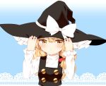  1girl :t blush bow braid buttons commentary facing_viewer hat hat_bow kirisame_marisa large_bow long_hair long_sleeves looking_away pout shy side_braid single_braid solo touhou turtleneck vest wavy_hair witch_hat yellow_eyes yururi_nano 