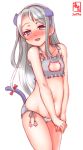  10s 1girl 2017 animal_ears bangs bare_shoulders blue_hairband blush bra breasts cat_cutout cat_ear_panties cat_ears cat_lingerie cat_tail cleavage_cutout cowboy_shot dated frilled_bra frills full-face_blush gray_panties grey_bra grey_hair hairband highres kanon_(kurogane_knights) kantai_collection logo long_hair looking_at_viewer meme_attire panties sagiri_(kantai_collection) side-tie_panties simple_background small_breasts solo standing swept_bangs tail underwear underwear_only violet_eyes white_background 
