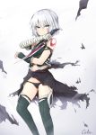  1girl absurdres arm_belt assassin_of_black bandage bandaged_arm bangs bare_shoulders belt_buckle black_cloak black_cola black_gloves black_legwear black_panties black_shirt buckle closed_mouth commentary_request dagger eyebrows_visible_through_hair fate/grand_order fate_(series) fingerless_gloves gloves green_eyes hair_between_eyes halter_top halterneck hand_up highres holding holding_knife holding_weapon knife looking_at_viewer lowleg lowleg_panties navel panties reverse_grip scar scar_across_eye scar_on_cheek serious shirt short_hair signature silver_hair simple_background single_glove sleeveless sleeveless_shirt solo standing tattoo thigh-highs torn_cloak torn_clothes underwear weapon white_background 