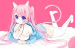  1girl amesawa_mokke animal_ears bangs bed_sheet blue_hoodie blush breasts cat_ears cat_girl cat_tail chains cleavage collar collarbone frills garter_straps heart hood hood_down hoodie large_breasts long_hair looking_at_viewer lying no_shoes off_shoulder on_stomach original panties pink_background pink_hair purple_collar sidelocks solo tail thigh-highs twintails underwear very_long_hair violet_eyes white_legwear white_panties 