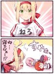  /\/\/\ 10s 2koma 4girls :3 ahoge aramaki_scaltinof berserker_of_black blonde_hair blush closed_eyes clothes_writing comic commentary_request fate/apocrypha fate/extra fate/grand_order fate_(series) fujimaru_ritsuka_(female) green_eyes gym_uniform horn instant_loss_2koma multiple_girls open_mouth orange_hair pink_hair rioshi saber_extra shielder_(fate/grand_order) shirt short_hair short_sleeves sleeping smile speech_bubble translation_request white_shirt 