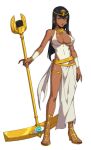  1girl alternate_costume alternate_hair_length alternate_hairstyle black_hair blue_eyes bracer breasts cleavage dark_skin dress earrings egyptian egyptian_clothes eliza_(skullgirls) facing_viewer fingernails full_body ganno highleg highleg_dress highres jewelry large_breasts long_hair looking_at_viewer microphone_stand necklace sandals sharp_fingernails skullgirls solo tiara white_background white_dress 