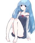  1girl arm_warmers black_dress blue_eyes blue_hair dress full_body knees_up long_hair looking_at_viewer original sitting solo tomoshibi_(rokugatsu) 
