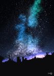  absurdres amatsuki_rei building commentary_request highres milky_way night night_sky no_humans original outdoors scenery signature silhouette sky skyscraper star_(sky) starry_sky tree 