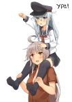  2girls :d age_difference ahoge alternate_headwear arm_up black_hat black_legwear black_skirt blue_eyes blue_hair blush breasts brown_eyes carrying child cleavage eyebrows_visible_through_hair facial_scar fang fingerless_gloves gangut_(kantai_collection) gloves hair_between_eyes hat hibiki_(kantai_collection) highres kantai_collection long_hair long_sleeves medium_breasts multiple_girls neckerchief no_shoes open_mouth pleated_skirt raised_fist red_neckwear red_shirt revision russian scar school_uniform serafuku shirt shoulder_carry silver_hair simple_background skirt smile soil_chopsticks thigh-highs translated upper_body white_background white_shirt zettai_ryouiki 