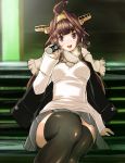  1girl alternate_costume bench black_legwear blouse blush breasts brown_hair can coffee double_bun grey_skirt hairband headgear highres jacket kantai_collection kongou_(kantai_collection) long_hair looking_at_viewer medium_breasts nameko_(pixiv1208089) night open_mouth remodel_(kantai_collection) scarf sitting skirt smile solo thigh-highs violet_eyes 