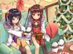  2girls ahoge anchor_hair_ornament azur_lane bangs black_legwear blunt_bangs blush bow box breasts brown_hair china_dress chinese_clothes christmas christmas_tree cleavage cleavage_cutout closed_mouth coat couch dress eyebrows_visible_through_hair feet_out_of_frame gift gift_box hair_ornament hair_rings hairband heart holding holding_stuffed_animal indoors long_hair long_sleeves medium_breasts multiple_girls ning_hai_(azur_lane) on_couch open_clothes open_coat ping_hai_(azur_lane) purple_dress racchi. red_bow red_dress red_eyes single_thighhigh sitting small_breasts smile stuffed_animal stuffed_panda stuffed_toy table thigh-highs violet_eyes white_coat white_hairband 