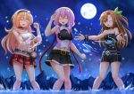  3girls blonde_hair blush bow brown_hair compa d-pad green_eyes hair_bow hair_ornament hairband highres if_(choujigen_game_neptune) kazenokaze long_hair looking_at_viewer moon multiple_girls navel neptune_(series) night one_eye_closed open_mouth outdoors purple_hair ribbon sky smile sweater wading water wet 