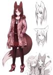  2girls anger_vein animal_ears belt brown_eyes brown_hair coat dress fox_ears fox_tail hand_in_pocket happy highres long_hair multiple_girls one_eye_closed original pantyhose short_dress simple_background sketch sleepy smile sukemyon tail tail_wagging white_background winter_clothes winter_coat yawning 
