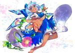  1girl :d absurdres bangs bare_legs barefoot blue_bow blue_dress blue_eyes blue_hair bow cirno dark_skin dress eyebrows_visible_through_hair flower foreshortening hair_bow highres ice looking_at_viewer mozu_1oo open_mouth short_hair short_sleeves smile solo space_print starry_sky_print sunflower tan tanned_cirno touhou 