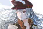  10s 1girl blush closed_mouth gangut_(kantai_collection) grey_hair hair_between_eyes hair_ornament hat highres hirai_sabu jacket kantai_collection long_hair military military_hat military_jacket military_uniform portrait red_shirt shirt solo uniform white_background 