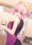  1girl : alternate_hairstyle apron bare_arms bare_shoulders black_dress blurry blurry_background blush cabinet commentary_request dress eyebrows_visible_through_hair fate/grand_order fate_(series) from_side frying_pan hair_over_one_eye head_scarf hisayaki_kyuu holding indoors kitchen lips looking_at_viewer looking_to_the_side open_mouth pink_apron pink_eyes pink_hair ponytail pot shielder_(fate/grand_order) shiny shiny_hair short_hair sleeveless sleeveless_dress solo spatula upper_body 