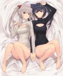  2girls alternate_costume bangs barefoot black_hair black_sweater blue_eyes blush bottomless breasts brown_eyes center_opening character_name cleavage_cutout closed_mouth covered_navel ears_visible_through_hair erect_nipples eyebrows_visible_through_hair frame_arms_girl full_body grey_hair grin hair_between_eyes hair_ornament highres innocentia long_hair looking_at_viewer lying medium_breasts meme_attire multiple_girls on_back open-chest_sweater shiny shiny_skin sigm@ smile sweater twintails white_sweater 
