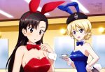 2girls :d :o absurdres alternate_costume animal_ears asymmetrical_bangs bangs bare_shoulders black_eyes black_hair blonde_hair blue_eyes blue_leotard bow bowtie braid breasts bunny_tail cleavage cup darjeeling detached_collar dressing_room fake_animal_ears french_braid girls_und_panzer hand_on_hip hat highres itou_takeshi leotard long_hair medium_breasts mirror multiple_girls nishi_kinuyo official_art open_mouth pantyhose rabbit_ears red_leotard scan shiny shiny_hair short_hair smile tail teacup wrist_cuffs 
