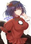  1girl bangs black_skirt breasts character_request closed_mouth dated dress eyebrows_visible_through_hair hair_between_eyes hair_ornament hand_up highres large_breasts long_sleeves looking_at_viewer puffy_short_sleeves puffy_sleeves purple_hair red_dress red_eyes short_hair short_over_long_sleeves short_sleeves simple_background skirt solo tanaji touhou twitter_username upper_body white_background 
