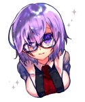  1girl absurdres cropped_torso fate/grand_order fate_(series) glasses hair_between_eyes hair_over_one_eye highres hood hoodie looking_at_viewer mozu_1oo necktie purple_hair red_neckwear shielder_(fate/grand_order) short_hair smile solo violet_eyes white_background 