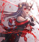  1girl :d absurdres bangs bell black_kimono blood blood_splatter eyebrows_visible_through_hair fang floating_hair hair_bell hair_between_eyes hair_bun hair_ornament highres holding holding_sword holding_weapon hololive horns japanese_clothes katana kimono long_hair nakiri_ayame off-shoulder_kimono red_eyes roboqlo silver_hair smile solo sword virtual_youtuber weapon 