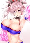  1girl :d adapted_costume armpits bangs blue_eyes blush breasts cheerleader cleavage collarbone earrings fate/grand_order fate_(series) groin hair_ornament highres jewelry large_breasts long_hair looking_at_viewer miyamoto_musashi_(fate/grand_order) navel open_mouth pink_hair pom_pom_(clothes) ponytail sankakusui_(deltawhite) skindentation smile solo stomach upper_body 