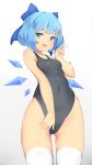  1girl :d bangs bare_arms black_swimsuit blue_bow blue_eyes blue_hair bow breasts cirno covered_navel cowboy_shot fang gluteal_fold gradient gradient_background hair_bow highres ice ice_wings linnkou looking_at_viewer one-piece_swimsuit open_mouth short_hair small_breasts smile solo swimsuit tan tanned_cirno thigh-highs touhou v white_legwear wings 