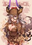  1girl absurdres atorosu belt bow breasts brown_background brown_hat brown_shirt brown_skirt detective doraf english eyebrows_visible_through_hair fang garter_straps gloves granblue_fantasy grey_hair hand_on_hip hat highres holding horns large_breasts long_hair long_sleeves looking_at_viewer magnifying_glass open_mouth red_bow red_eyes sarasa_(granblue_fantasy) shirt skirt solo thigh-highs very_long_hair white_gloves 