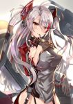  1girl azur_lane bangs blush breasts brown_eyes closed_mouth cowboy_shot garter_straps grey_hair hand_up highlights large_breasts long_hair looking_at_viewer military military_uniform multicolored_hair prinz_eugen_(azur_lane) redhead rigging sideboob smile solo twitter_username two_side_up uniform wavy_hair xephonia 