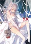  1girl absurdres amatsukaze_(kantai_collection) bangs bare_shoulders bdsm between_legs blurry bondage bound bouquet breasts brown_eyes cleavage depth_of_field dress elbow_gloves flower gloves grey_hair hair_flower hair_ornament hand_between_legs high_heels highres kantai_collection lace lace-trimmed_thighhighs leg_up long_hair panties parted_lips rensouhou-kun ribbon ribbon_bondage side-tie_panties small_breasts solo string_panties swd3e2 swept_bangs thigh-highs two_side_up underwear veil wedding_dress white_dress white_gloves white_legwear white_panties 