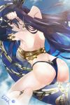  1girl anklet armlet ass asymmetrical_sleeves back bangs bare_shoulders black_bikini_bottom black_bow black_hair blue_sky bow breasts closed_mouth detached_collar earrings fate/grand_order fate_(series) hair_bow heavenly_boat_maanna highres hoop_earrings ishtar_(fate/grand_order) jewelry large_breasts long_hair looking_at_viewer looking_back muni_nuren neck_ring red_eyes sky solo sparkle thighs tiara two_side_up weapon white_bikini_top 
