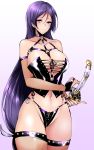  1girl absurdres agetama bare_shoulders blush bondage_outfit breasts cleavage elbow_gloves fate/grand_order fate_(series) fishnet_gloves fishnet_legwear fishnets gloves highres large_breasts long_hair looking_at_viewer minamoto_no_raikou_(fate/grand_order) navel purple_hair sheath sheathed smile solo standing very_long_hair violet_eyes 