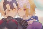  2girls black_dress black_gloves blonde_hair blue_eyes closed_mouth dark_persona dress dual_persona eyebrows_visible_through_hair fate/apocrypha fate/grand_order fate_(series) gloves gorget grey_gloves hair_between_eyes hand_holding headpiece interlocked_fingers jeanne_alter kibadori_rue long_hair looking_at_another multiple_girls purple_dress ruler_(fate/apocrypha) short_hair torn_clothes yellow_eyes 
