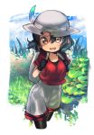  1girl :d backpack bag black_gloves black_hair black_legwear blue_sky brown_eyes bucket_hat commentary_request cropped_legs day gloves grass grey_hat grey_shorts hair_between_eyes hat hat_feather highres kaban_(kemono_friends) kemono_friends long_hair looking_at_viewer mozu_1oo open_mouth outdoors pantyhose red_shirt shirt short_hair shorts sky smile solo standing 