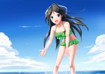  10s 1girl akatsuki_hitoshi bikini black_hair blue_sky clouds day frilled_bikini frills green_bikini hair_ribbon highres kantai_collection katsuragi_(kantai_collection) leaning_forward long_hair outdoors ribbon sky splashing standing swimsuit 