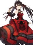  1girl absurdres black_hair choker clock_eyes collarbone date_a_live detached_sleeves dress from_below gothic_lolita gun hair_ribbon hairband heterochromia highres holding holding_gun holding_weapon lolita_fashion lolita_hairband long_hair looking_at_viewer noco official_art parted_lips red_dress red_eyes red_ribbon ribbon simple_background smile solo standing strapless strapless_dress symbol-shaped_pupils tokisaki_kurumi twintails very_long_hair weapon white_background yellow_eyes 